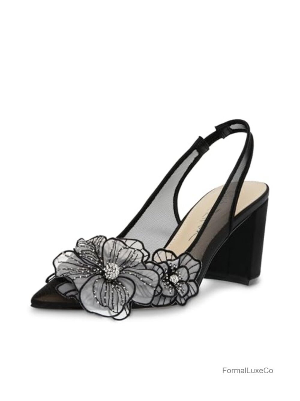 Pointed Toe Slingback Block Heel Pump Floral Textile Formal Party